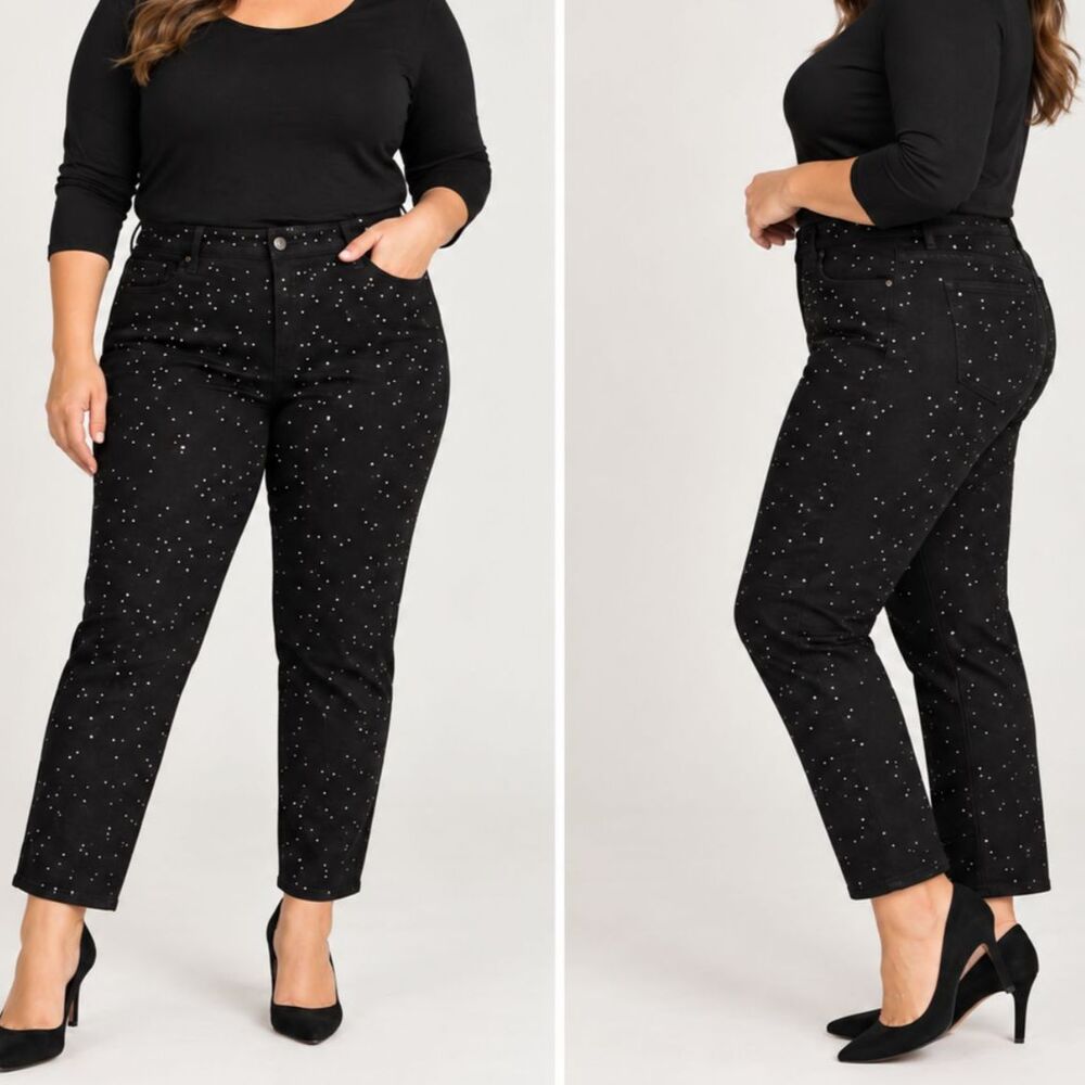Chicos So Slimming Rhinestone Girlfriend Ankle Jeans XL 18 Black Sparkle NWT
